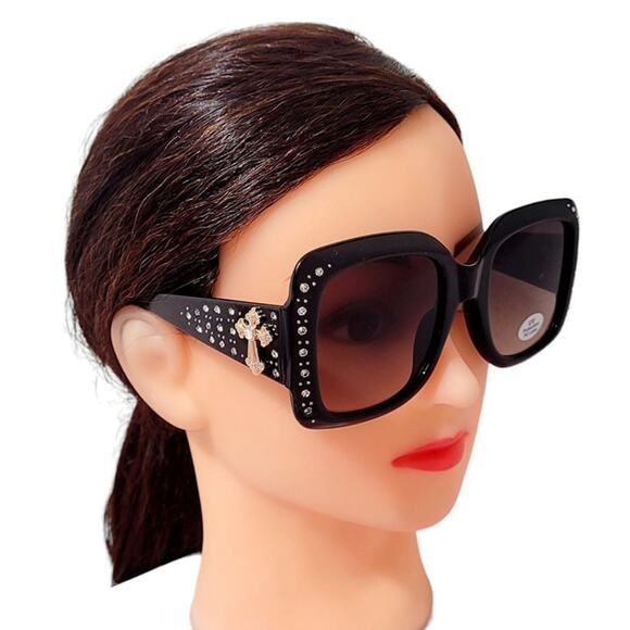 NEW Womens Sunglasses BLING Black SQUARE Gold CROSS Rhinestones Oversize - Picture 3 of 5